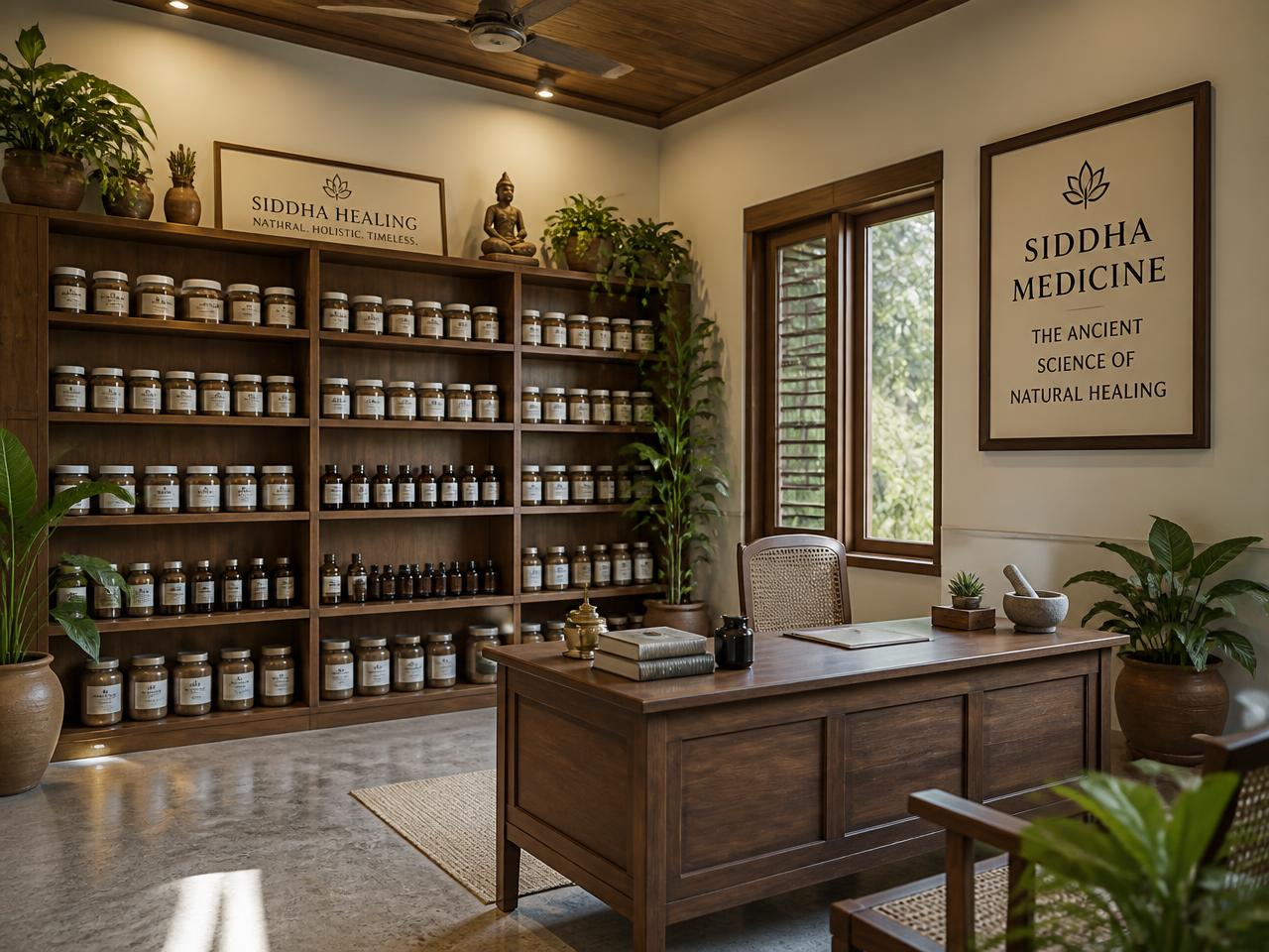 Interior of Herbal Cure Clinic with shelves of Siddha herbal medicines and a consultation desk
