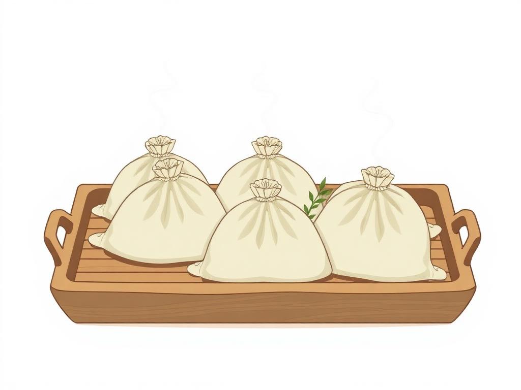 Warm herbal compress bags prepared on a wooden tray