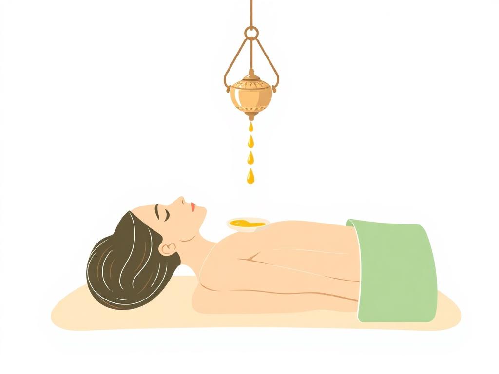 Oil flowing from a hanging vessel onto the forehead of a reclining person